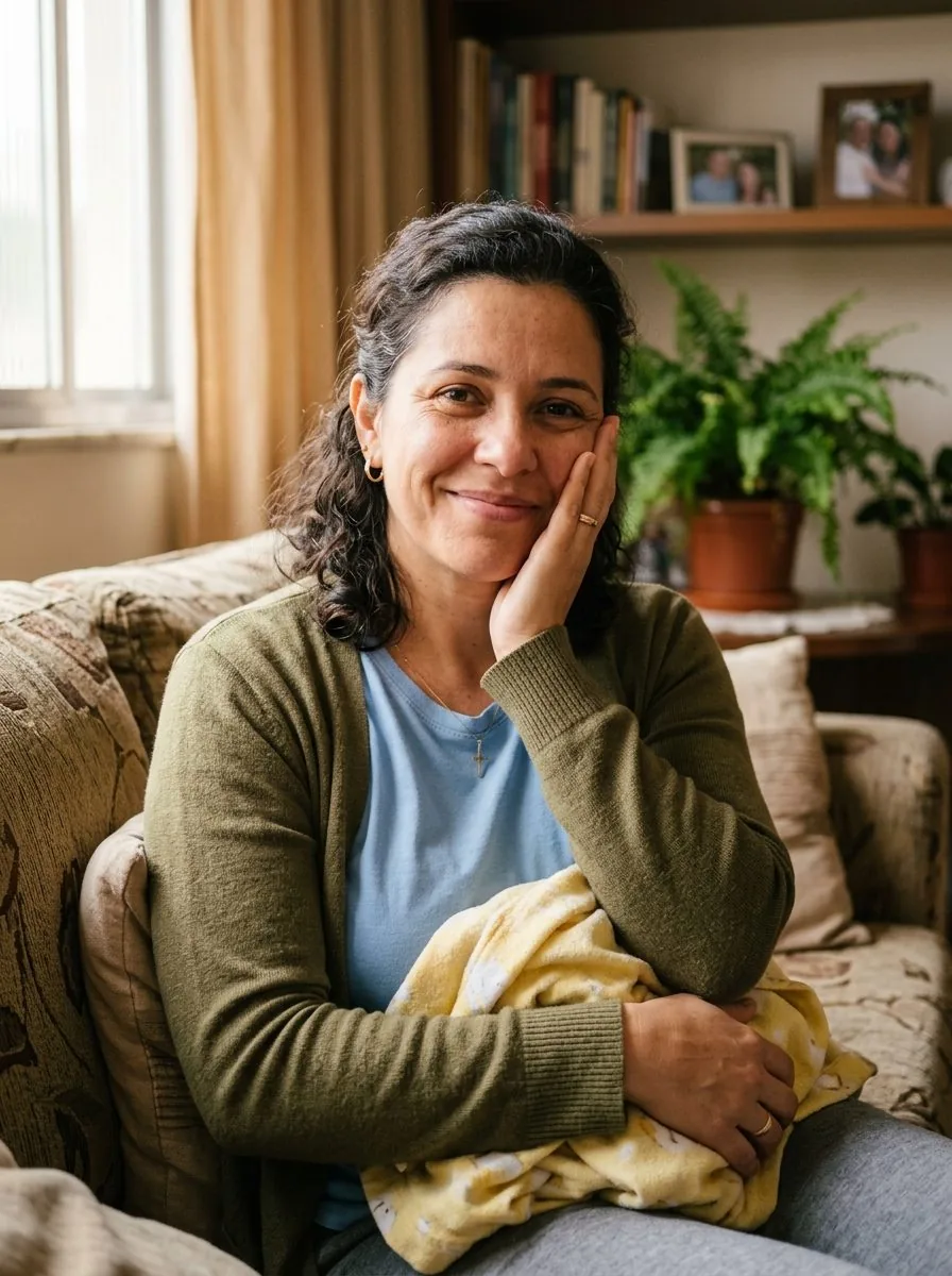Mãe tranquila após resolver sua questão de família