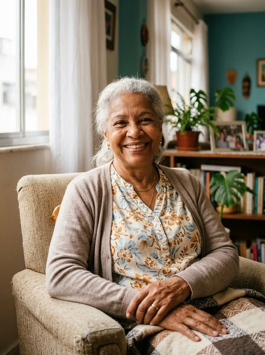 Aposentada sorrindo em casa após garantir seus direitos junto ao INSS